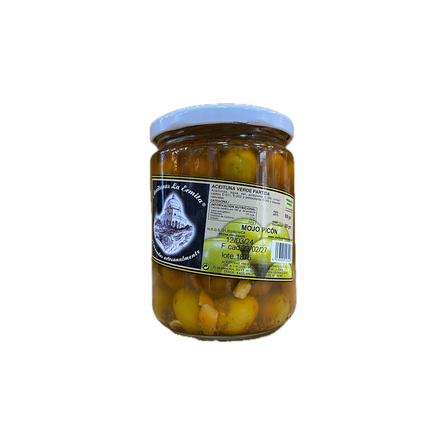 ACEITUNAS VERDES PARTIDAS MOJO PICÓN 650 gr. ACEITUNAS LA ERMITA