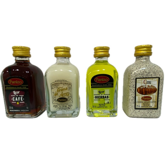 PACK MINIATURAS LICORES PANIZO 4×5 CL – CAFÉ, HIERBAS, CREMA DE ARROZ 