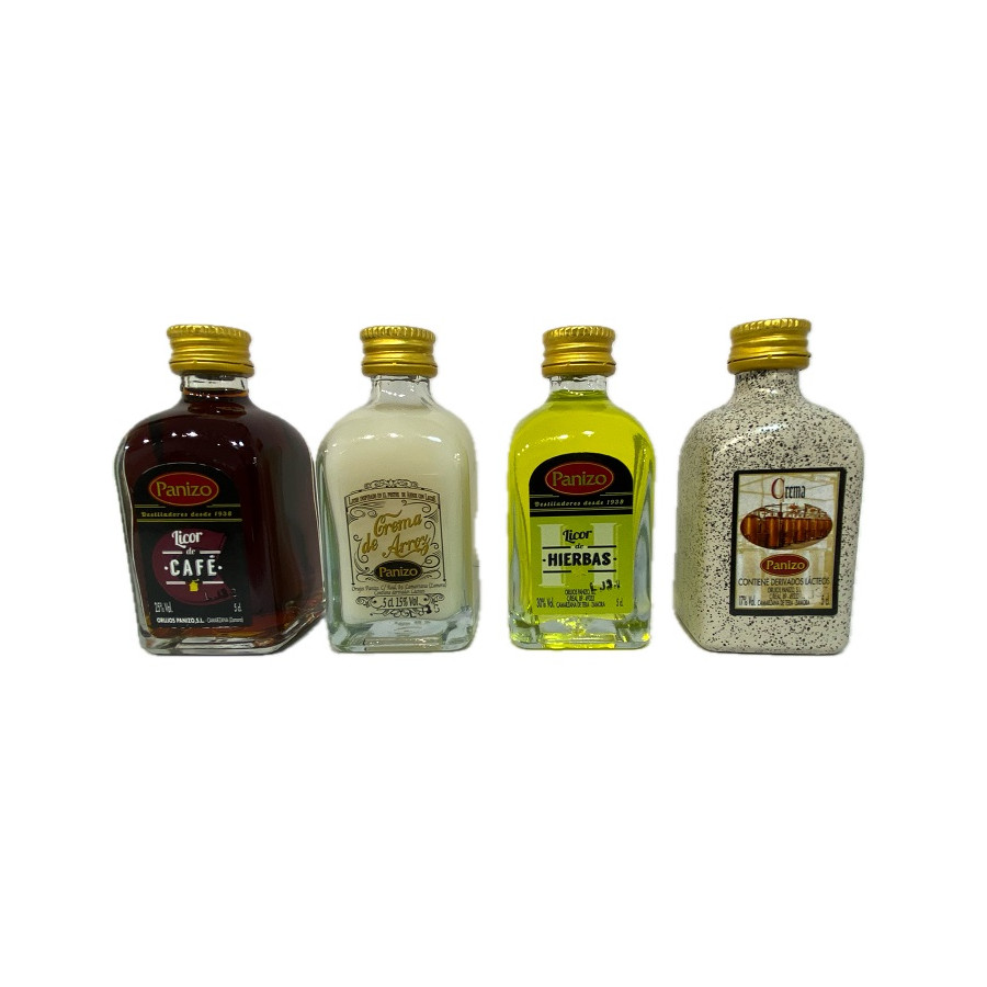 PACK MINIATURAS LICORES PANIZO 4×5 CL – CAFÉ, HIERBAS, CREMA DE ARROZ 