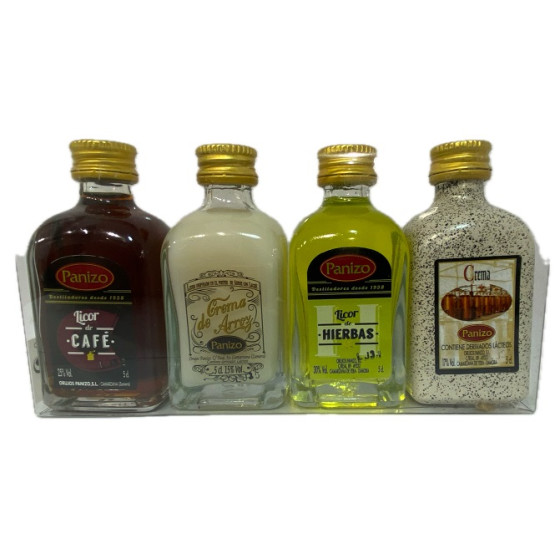 PACK MINIATURAS LICORES PANIZO 4×5 CL – CAFÉ, HIERBAS, CREMA DE ARROZ 