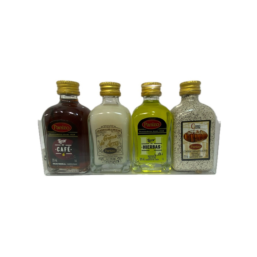 PACK MINIATURAS LICORES PANIZO 4×5 CL – CAFÉ, HIERBAS, CREMA DE ARROZ 