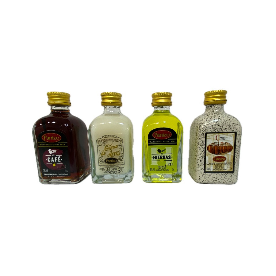 PACK MINIATURAS LICORES PANIZO 4×5 CL – CAFÉ, HIERBAS, CREMA DE ARROZ 