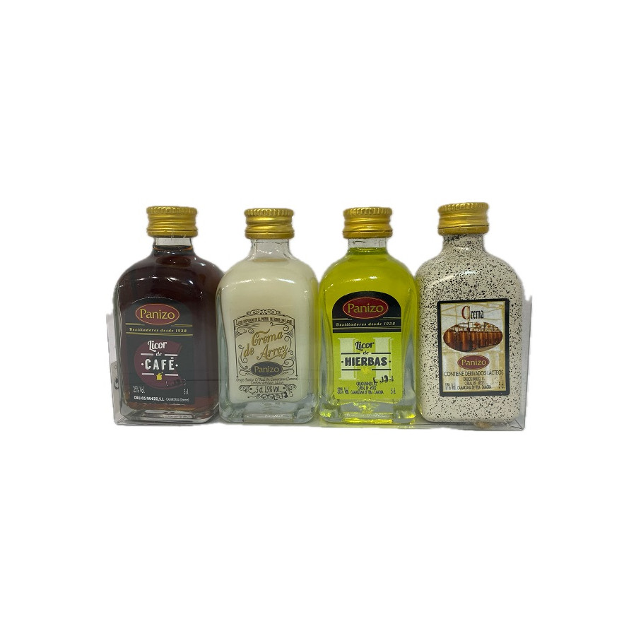 PACK MINIATURAS LICORES PANIZO 4×5 CL – CAFÉ, HIERBAS, CREMA DE ARROZ 