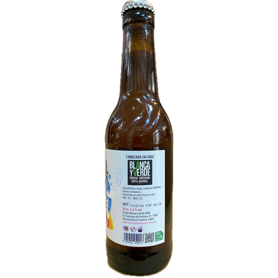 CERVEZA GADITANA ARTESANAL RUBIA LAGER 100% DE CÁDIZ BLANCA Y VERDE